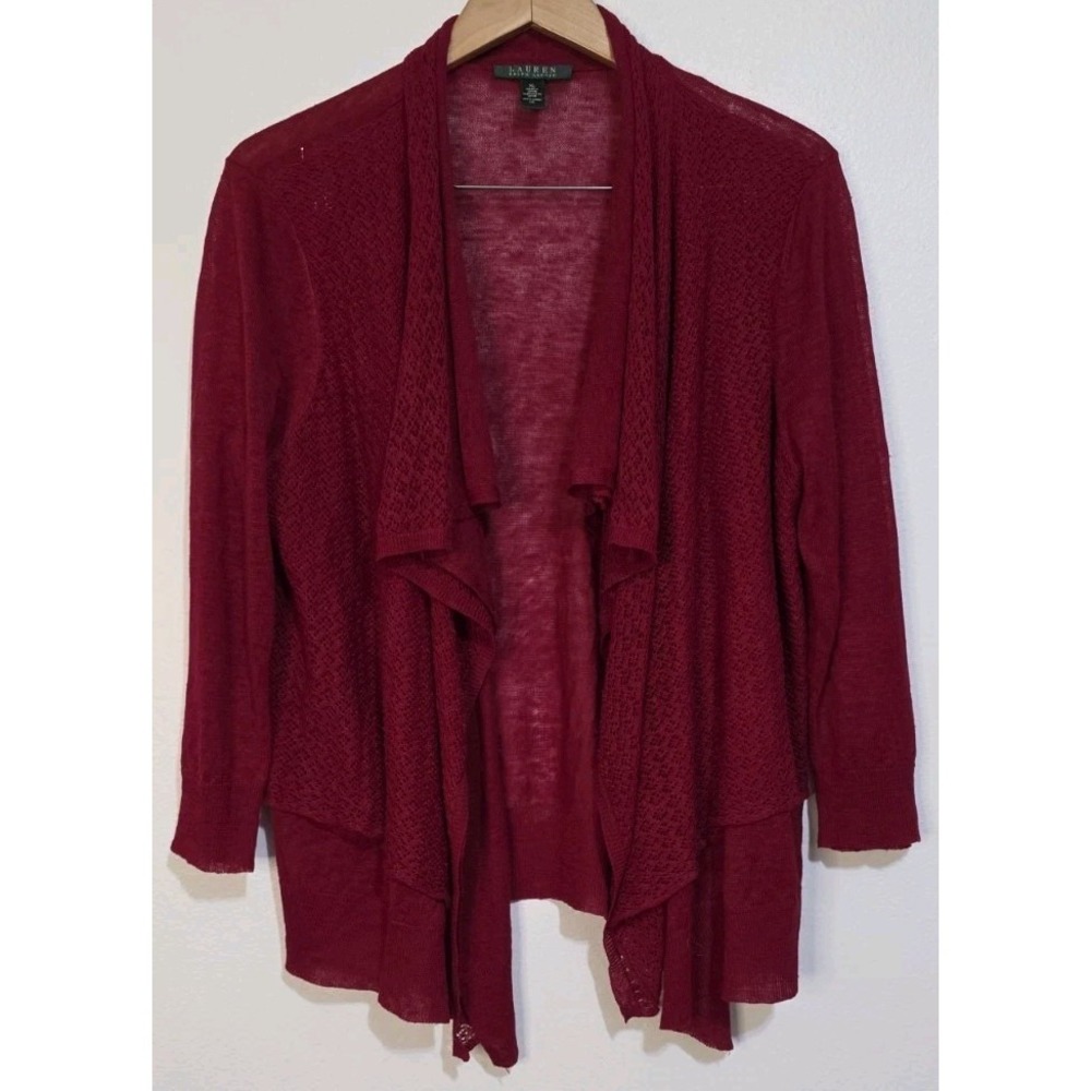 Ralph Lauren Women XL Red Layered Linen Cardigan Sweater 3/4 Sleeve Career